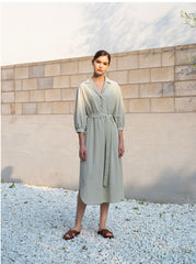 Belted Linen Shirt Dress with 3/4 Sleeves and Asymmetric Hem for Elegant Everyday Style