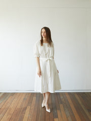 Elegant Linen Midi Dress with Puff Sleeves and Waist Tie – Breathable Summer Dress for Women