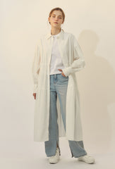 Long Sleeve Cotton Poplin Shirt Dress with Button-Down Front and Gathered Waist Detail