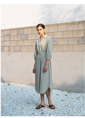 Belted Linen Shirt Dress with 3/4 Sleeves and Asymmetric Hem for Elegant Everyday Style
