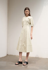 Women's Linen Midi Dress – Fitted A-Line Dress with Elbow Sleeves and Square Open Back