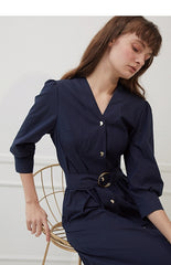 Belted V-Neck Midi Dress with Button Front and 3/4 Sleeves