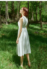 Sleeveless Gathered Waist Linen Dress with Flared Midi Skirt