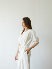 Elegant Linen Midi Dress with Puff Sleeves and Waist Tie – Breathable Summer Dress for Women