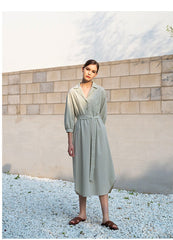 Belted Linen Shirt Dress with 3/4 Sleeves and Asymmetric Hem for Elegant Everyday Style