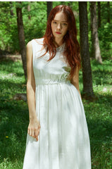 Sleeveless Gathered Waist Linen Dress with Flared Midi Skirt