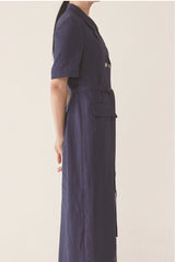 Double-Breasted Tailored Midi Dress In Breathable Premium Linen With Belt And Patch Pockets