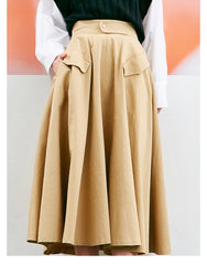 A-Line High Waist Linen Midi Skirt for Women with Flap Pockets and Flowy Silhouette