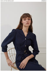 Belted V-Neck Midi Dress with Button Front and 3/4 Sleeves