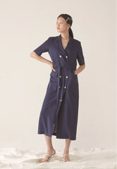 Double-Breasted Tailored Midi Dress In Breathable Premium Linen With Belt And Patch Pockets