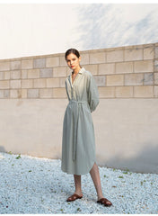Belted Linen Shirt Dress with 3/4 Sleeves and Asymmetric Hem for Elegant Everyday Style