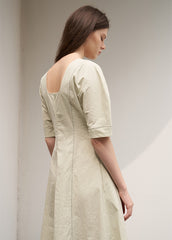 Women's Linen Midi Dress – Fitted A-Line Dress with Elbow Sleeves and Square Open Back