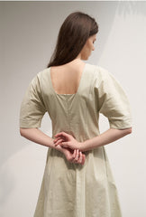 Women's Linen Midi Dress – Fitted A-Line Dress with Elbow Sleeves and Square Open Back