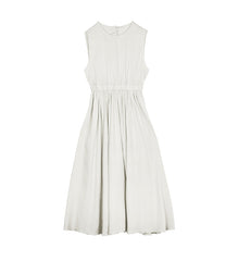 Sleeveless Gathered Waist Linen Dress with Flared Midi Skirt