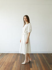 Elegant Linen Midi Dress with Puff Sleeves and Waist Tie – Breathable Summer Dress for Women