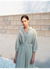 Belted Linen Shirt Dress with 3/4 Sleeves and Asymmetric Hem for Elegant Everyday Style