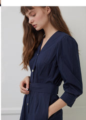 Belted V-Neck Midi Dress with Button Front and 3/4 Sleeves