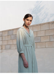 Belted Linen Shirt Dress with 3/4 Sleeves and Asymmetric Hem for Elegant Everyday Style