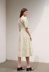 Women's Linen Midi Dress – Fitted A-Line Dress with Elbow Sleeves and Square Open Back