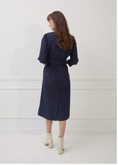 Belted V-Neck Midi Dress with Button Front and 3/4 Sleeves