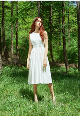 Sleeveless Gathered Waist Linen Dress with Flared Midi Skirt
