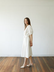 Elegant Linen Midi Dress with Puff Sleeves and Waist Tie – Breathable Summer Dress for Women