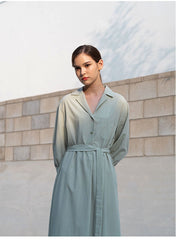 Belted Linen Shirt Dress with 3/4 Sleeves and Asymmetric Hem for Elegant Everyday Style