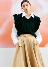 A-Line High Waist Linen Midi Skirt for Women with Flap Pockets and Flowy Silhouette