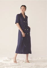 Double-Breasted Tailored Midi Dress In Breathable Premium Linen With Belt And Patch Pockets