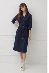 Belted V-Neck Midi Dress with Button Front and 3/4 Sleeves