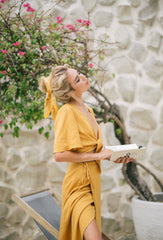 Knot-Front Linen Blouse with Wide Sleeves and Deep V-Neckline