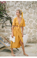 Knot-Front Linen Blouse with Wide Sleeves and Deep V-Neckline