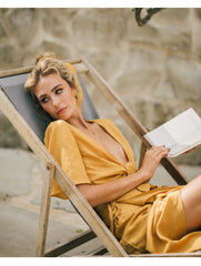 Knot-Front Linen Blouse with Wide Sleeves and Deep V-Neckline