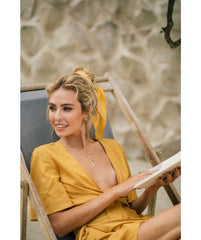 Knot-Front Linen Blouse with Wide Sleeves and Deep V-Neckline