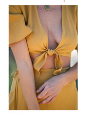 Knot-Front Linen Blouse with Wide Sleeves and Deep V-Neckline