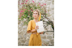 Knot-Front Linen Blouse with Wide Sleeves and Deep V-Neckline