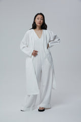 Longline Linen Coat with Open Front and Detachable Waist Belt