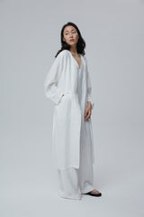 Longline Linen Coat with Open Front and Detachable Waist Belt