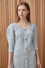 Elegant Button-Down Linen Midi Dress with Structured Sleeves and Flattering Silhouette