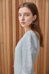 Elegant Button-Down Linen Midi Dress with Structured Sleeves and Flattering Silhouette