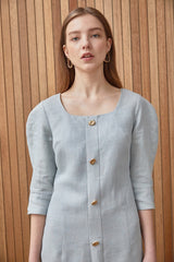 Elegant Button-Down Linen Midi Dress with Structured Sleeves and Flattering Silhouette