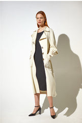 Single-Breasted Long Linen Trench Coat with Belt and Notch Collar for Women