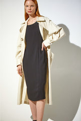 Single-Breasted Long Linen Trench Coat with Belt and Notch Collar for Women
