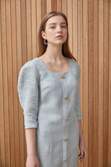 Elegant Button-Down Linen Midi Dress with Structured Sleeves and Flattering Silhouette
