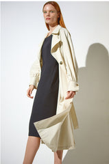 Single-Breasted Long Linen Trench Coat with Belt and Notch Collar for Women