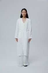 Longline Linen Coat with Open Front and Detachable Waist Belt