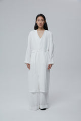 Longline Linen Coat with Open Front and Detachable Waist Belt