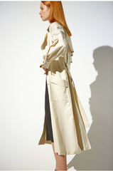 Single-Breasted Long Linen Trench Coat with Belt and Notch Collar for Women
