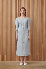 Elegant Button-Down Linen Midi Dress with Structured Sleeves and Flattering Silhouette