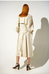 Single-Breasted Long Linen Trench Coat with Belt and Notch Collar for Women